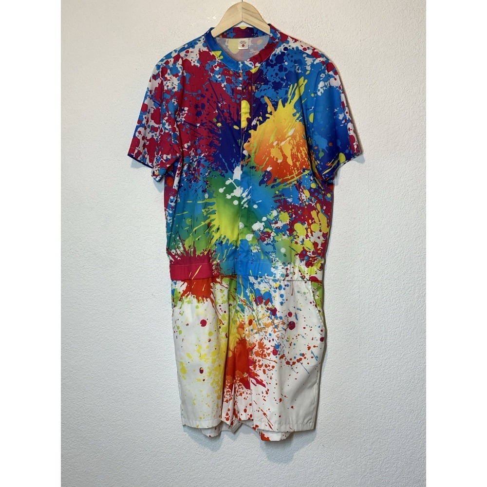 Womens XL Rainbow Splatter Jumpsuit Romper Cotton/Spandex Pockets Preshrunk